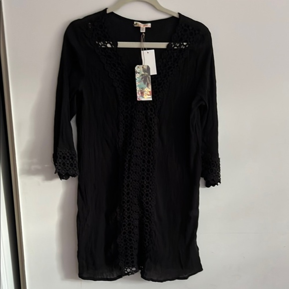 Rise & Bloom Beach Vacation Black Tunic with Crochet Trim swimsuit cover up